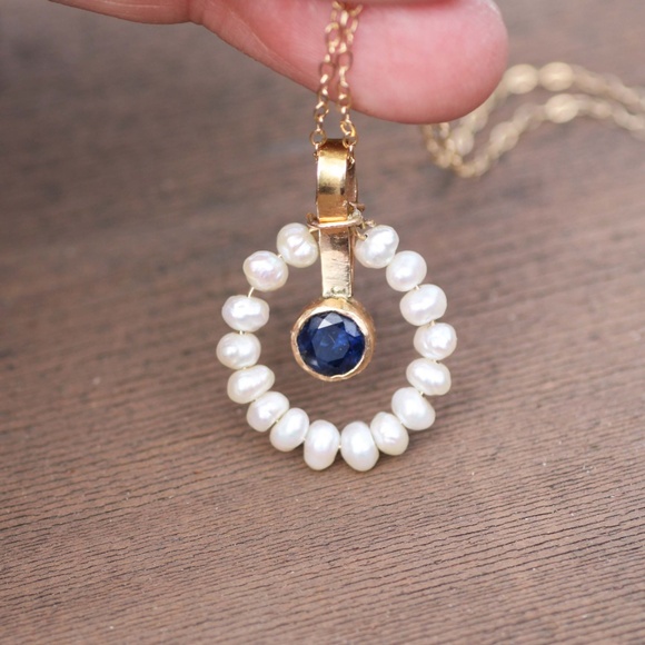 Handcrafted Natural Pearl, Blue Sapphire Pendant Solid 14K Yellow Gold No chain - Picture 12 of 12